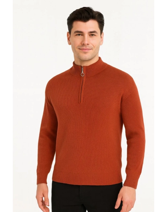 KADIN Yarım Fermuarlı Triko Kazak Selanik Örgü Dik Yaka Pamuklu Dokuma Oversize - Füme