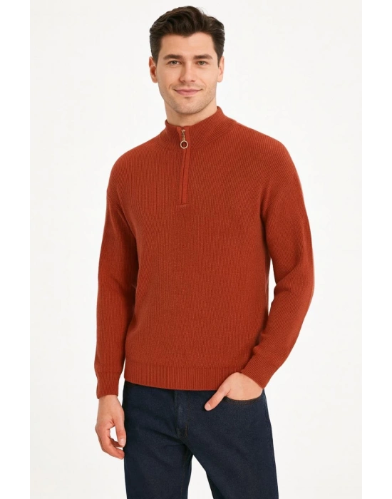 KADIN Yarım Fermuarlı Triko Kazak Selanik Örgü Dik Yaka Pamuklu Dokuma Oversize - Füme