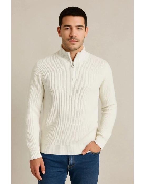 Erkek Yarım Fermuarlı Triko Kazak Selanik Örgü Dik Yaka Pamuklu Dokuma Regular Fit - Beyaz