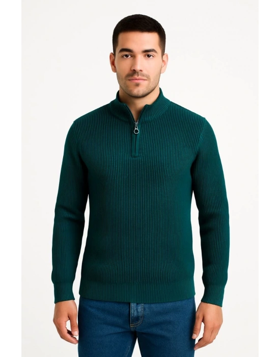 Erkek Yarım Fermuarlı Triko Kazak Selanik Örgü Dik Yaka Pamuklu Dokuma Regular Fit - Haki