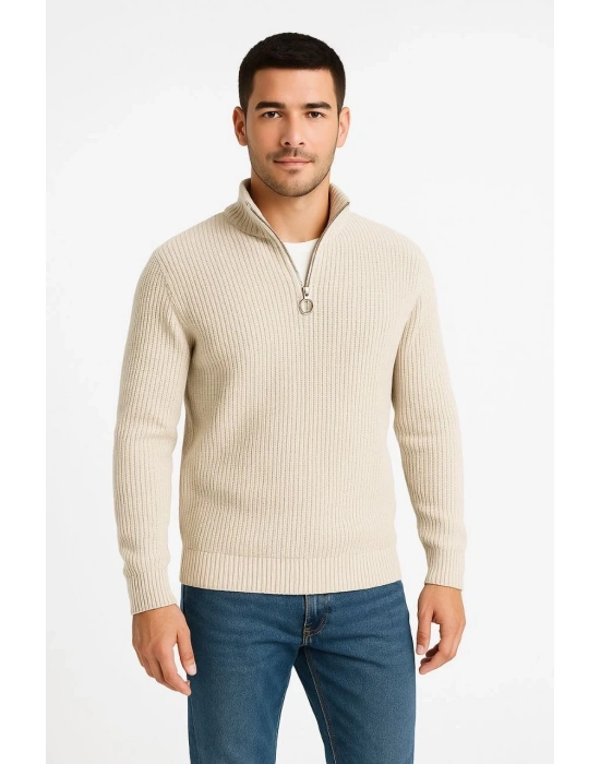 Erkek Yarım Fermuarlı Triko Kazak Selanik Örgü Dik Yaka Pamuklu Dokuma Regular Fit - Bej