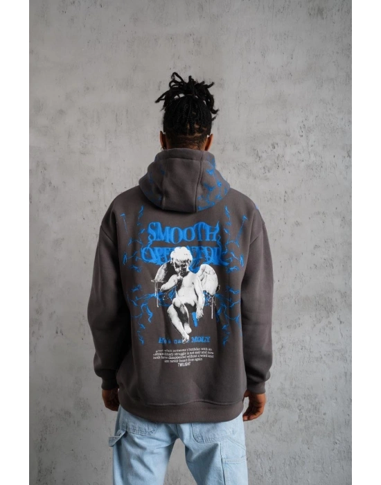 Erkek Yıldırım Baskılı Kapşonlu Sweatshirt - Gri