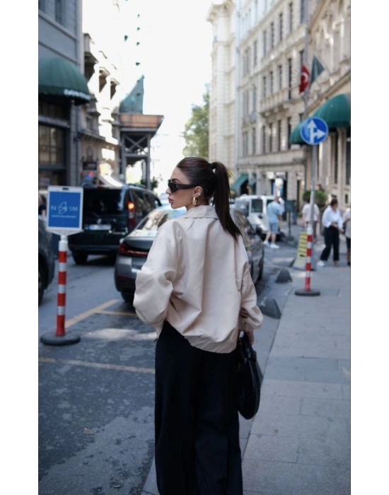 Fermuarlı Gömlek Yaka Bomber Ceket - Beyaz