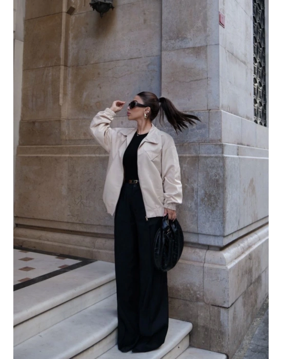 Fermuarlı Gömlek Yaka Bomber Ceket - Beyaz