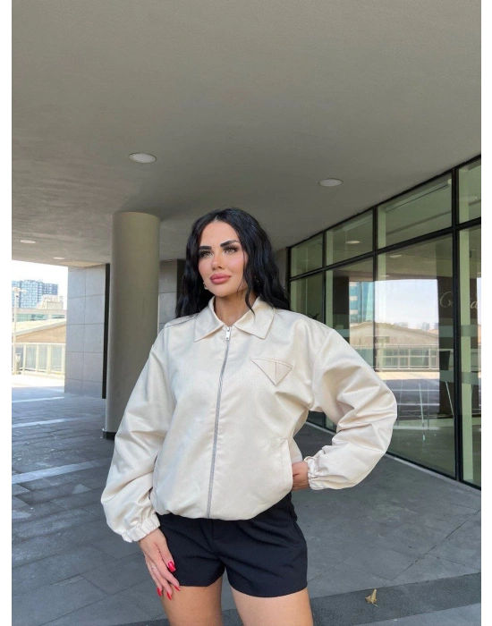 Fermuarlı Gömlek Yaka Bomber Ceket - Beyaz