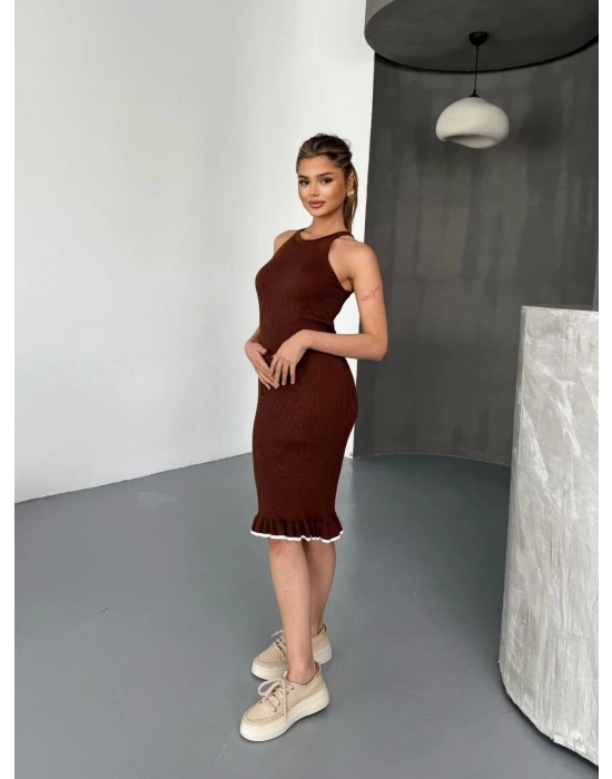 Fırfır Detaylı Triko Elbise- Kahverengi