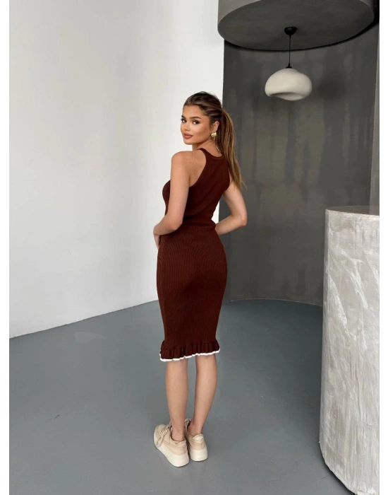 Fırfır Detaylı Triko Elbise- Kahverengi