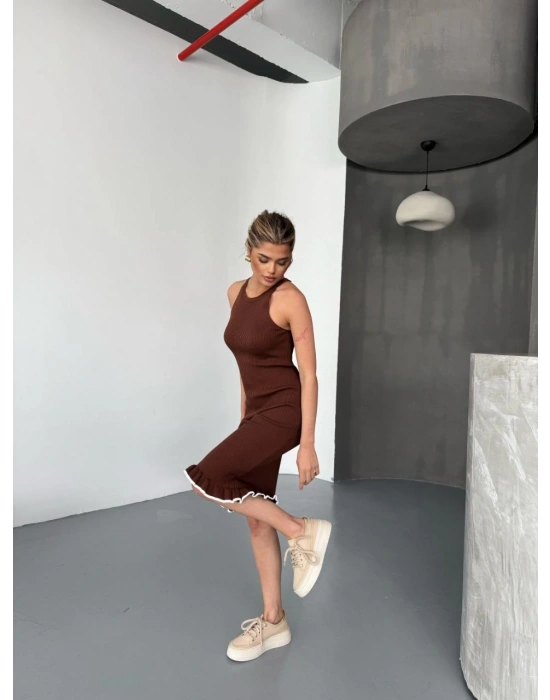 Fırfır Detaylı Triko Elbise- Kahverengi