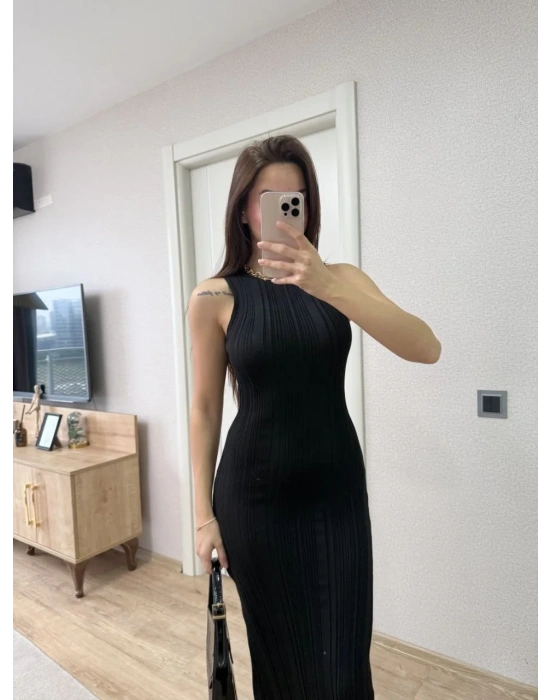 Fitilli Triko Elbise Kolsuz Sırtı Kapalı Maxi Uzun Boy - Siyah