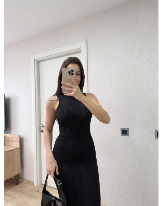 Fitilli Triko Elbise Kolsuz Sırtı Kapalı Maxi Uzun Boy - Siyah
