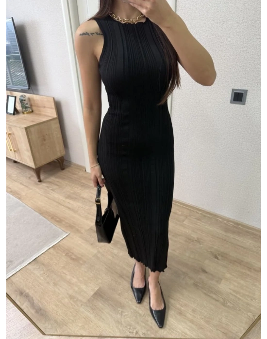 Fitilli Triko Elbise Kolsuz Sırtı Kapalı Maxi Uzun Boy - Siyah