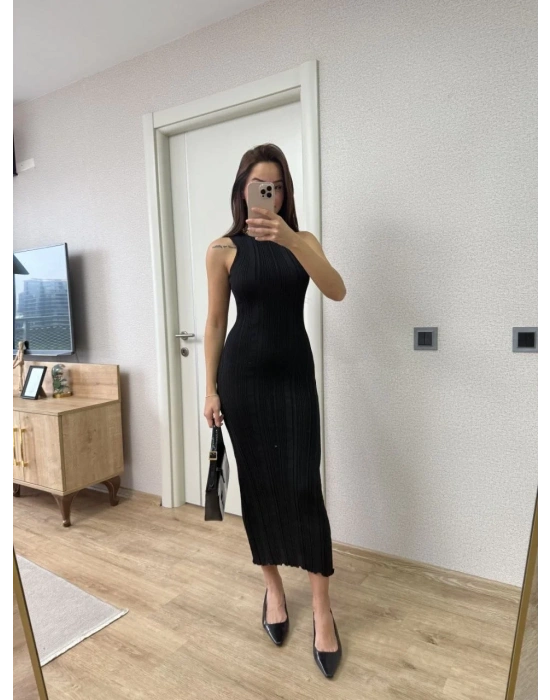 Fitilli Triko Elbise Kolsuz Sırtı Kapalı Maxi Uzun Boy - Siyah