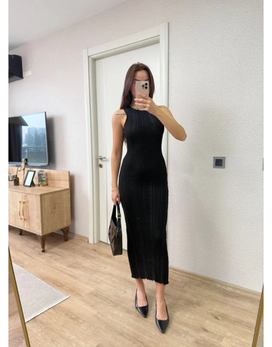 Fitilli Triko Elbise Kolsuz Sırtı Kapalı Maxi Uzun Boy - Siyah
