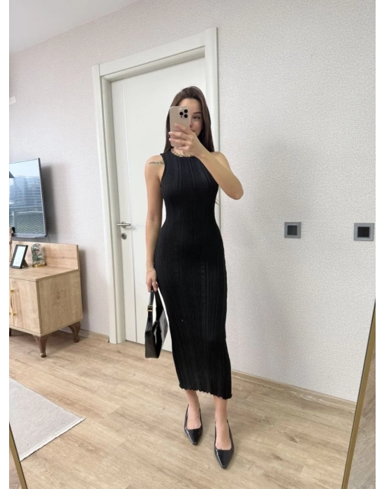 Fitilli Triko Elbise Kolsuz Sırtı Kapalı Maxi Uzun Boy - Siyah