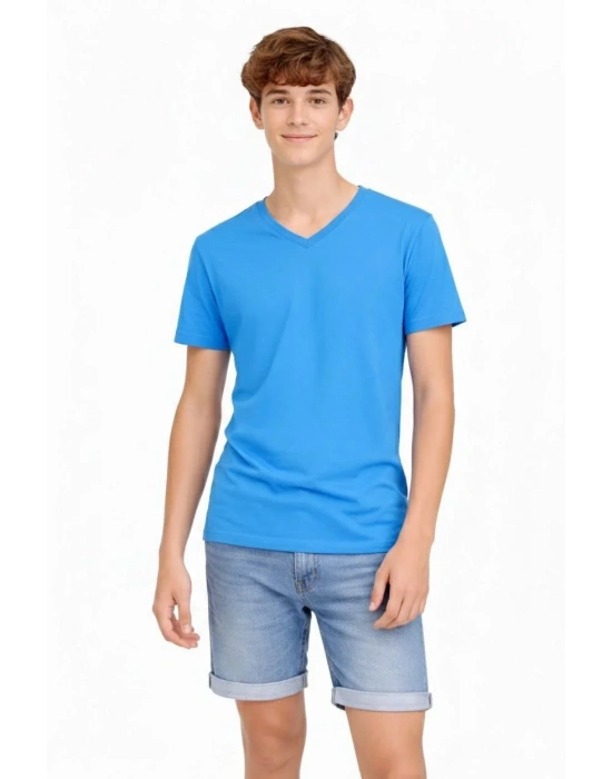 Genç Erkek Çocuk V Yaka Tişört Model - Açık Mavi