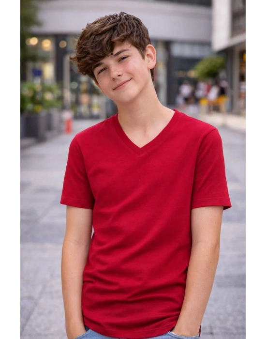 Genç Erkek Çocuk V Yaka Tişört Model - Bordo