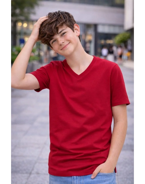 Genç Erkek Çocuk V Yaka Tişört Model - Bordo