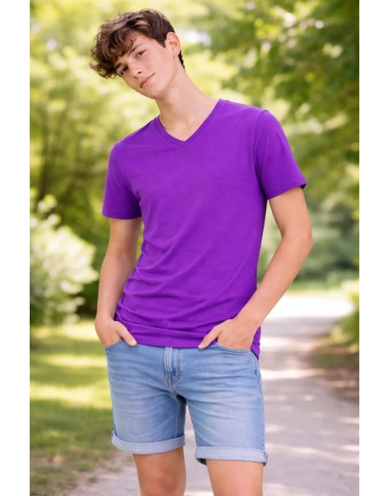 Genç Erkek Çocuk V Yaka Tişört Model - Mor
