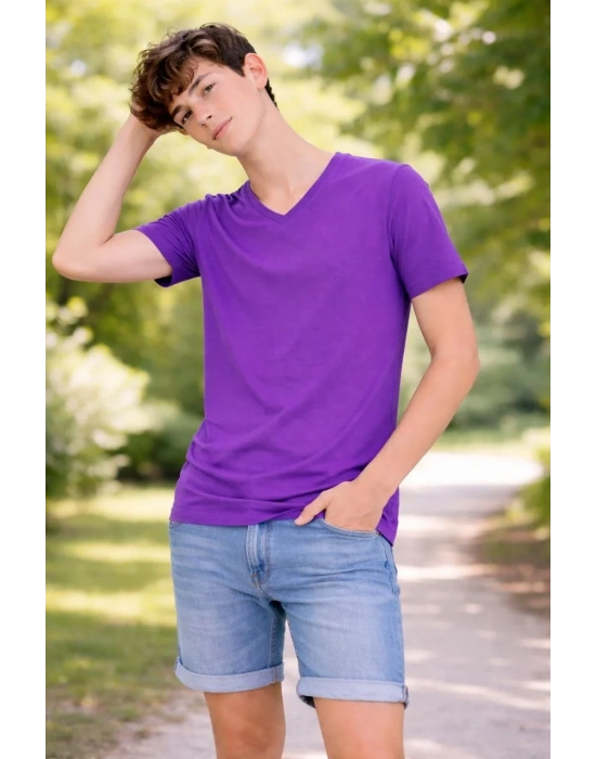 Genç Erkek Çocuk V Yaka Tişört Model - Mor