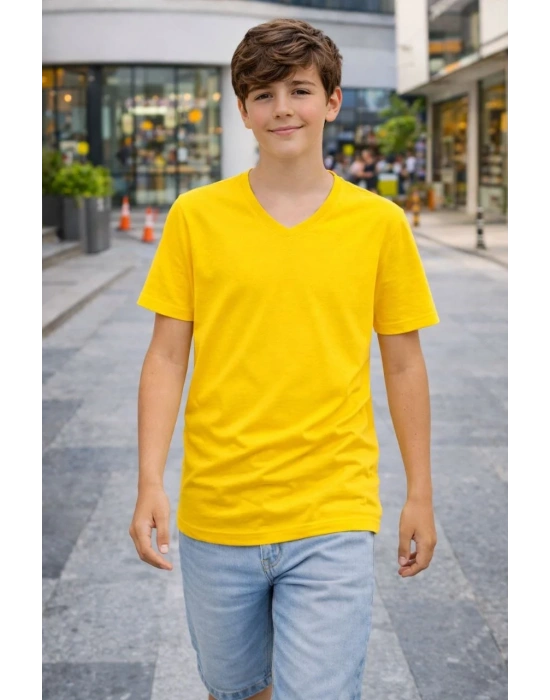 Genç Erkek Çocuk V Yaka Tişört Model - Sarı