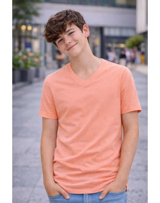 Genç Erkek Çocuk V Yaka Tişört Model - Toz Pembe