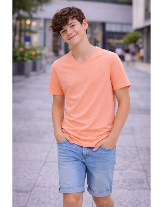 Genç Erkek Çocuk V Yaka Tişört Model - Toz Pembe