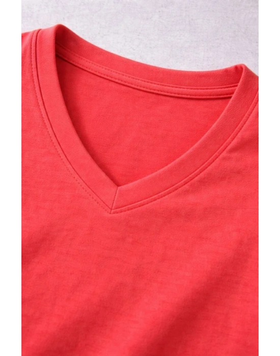 Genç Kız Çocuk V Yaka Tişört Model - Nar Çiçeği