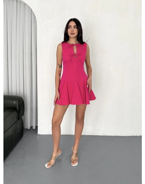 Göğüs Bağlamalı Kolsuz Mini Boy Elbise - Pembe