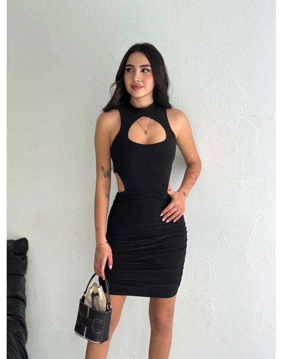 Göğüs ve Yanlar dekolteli Kolsuz Boy Elbise - Siyah