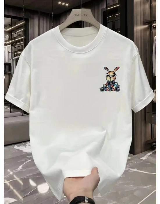 Güneş Gözlüğü Grafikli Karikatür Tavşan Oversize Kısa Kollu Tişört Çift Tişört - Beyaz