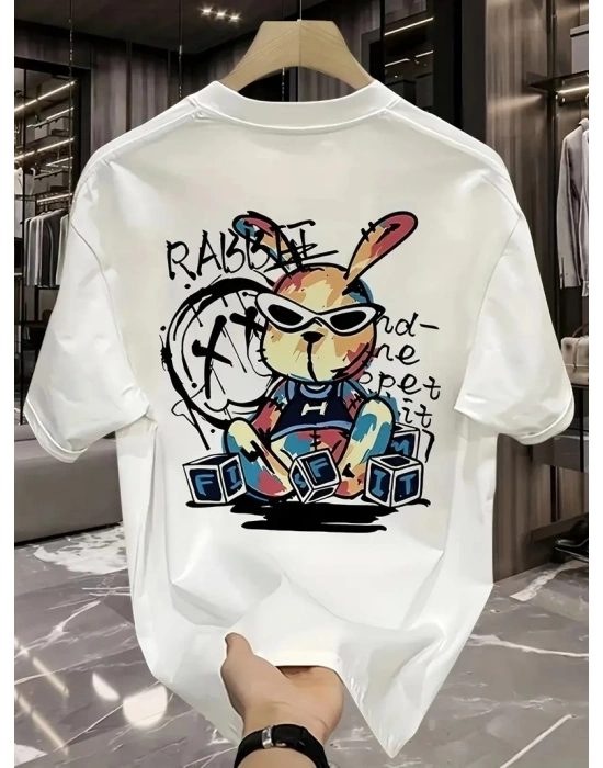 Güneş Gözlüğü Grafikli Karikatür Tavşan Oversize Kısa Kollu Tişört Çift Tişört - Beyaz