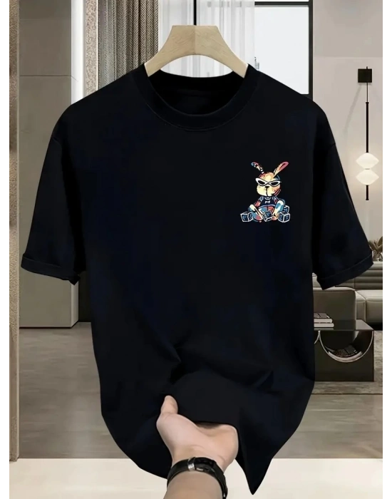 Güneş Gözlüğü Grafikli Karikatür Tavşan Oversize Kısa Kollu Tişört Çift Tişört - Siyah