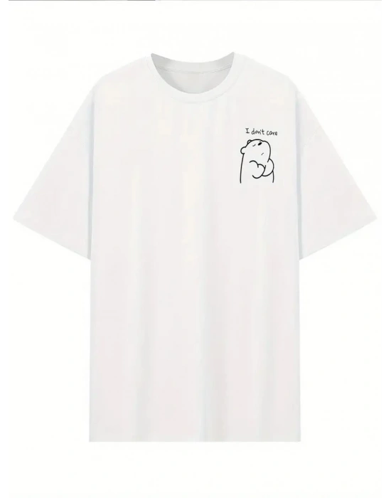 Kadın T-Shirt Kısa Kollu, bisiklet Yaka, Eğlenceli Karikatür Ayı ve Umrumda Değil Baskı - Beyaz