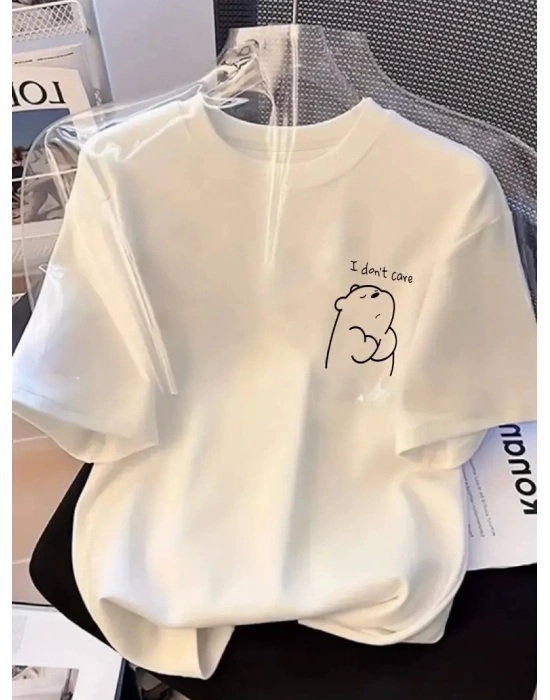 Kadın T-Shirt Kısa Kollu, bisiklet Yaka, Eğlenceli Karikatür Ayı ve Umrumda Değil Baskı - Beyaz