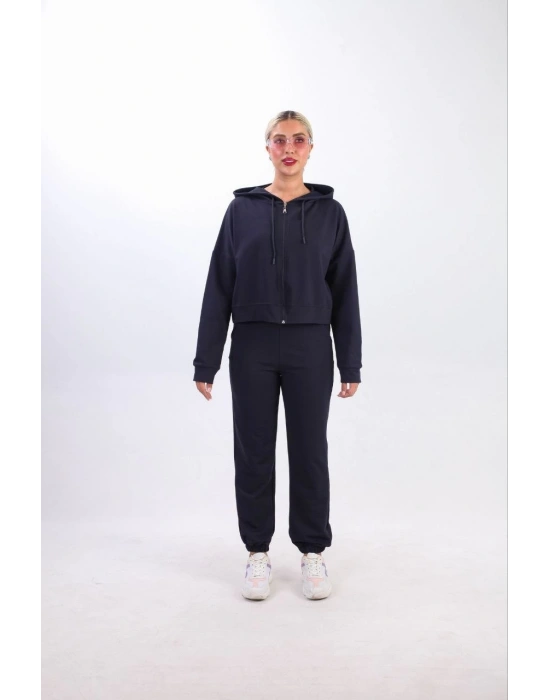 iki iplik Kapüşonlu Fermuarlı Crop Oversize Hırka Takım - Lacivert