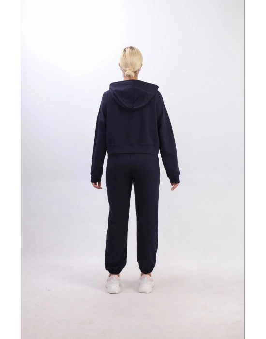 iki iplik Kapüşonlu Fermuarlı Crop Oversize Hırka Takım - Lacivert