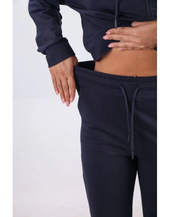 iki iplik Kapüşonlu Fermuarlı Crop Oversize Hırka Takım - Lacivert