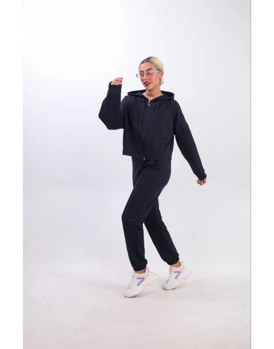 iki iplik Kapüşonlu Fermuarlı Crop Oversize Hırka Takım - Lacivert