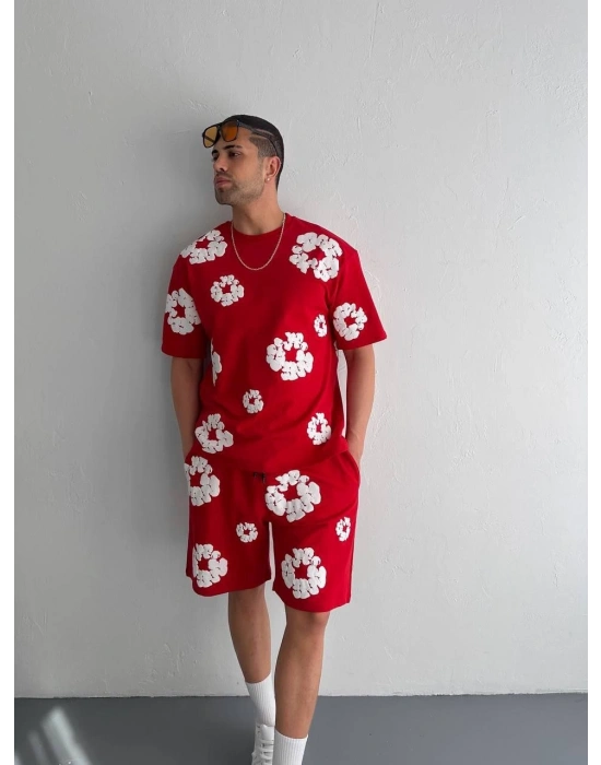İki İplik Baskılı Şortlu Takım - Kırmızı
