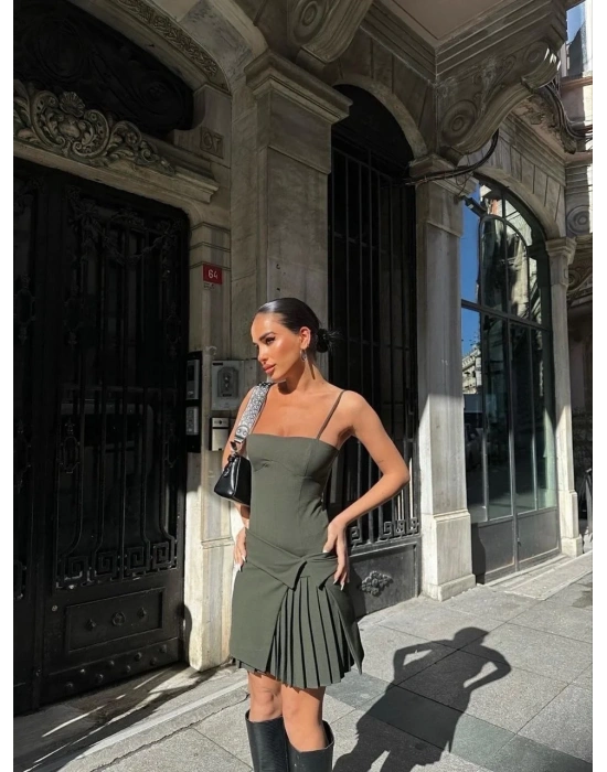 İki Parçalı Pileli Askılı Kadın Mini Elbise - Haki