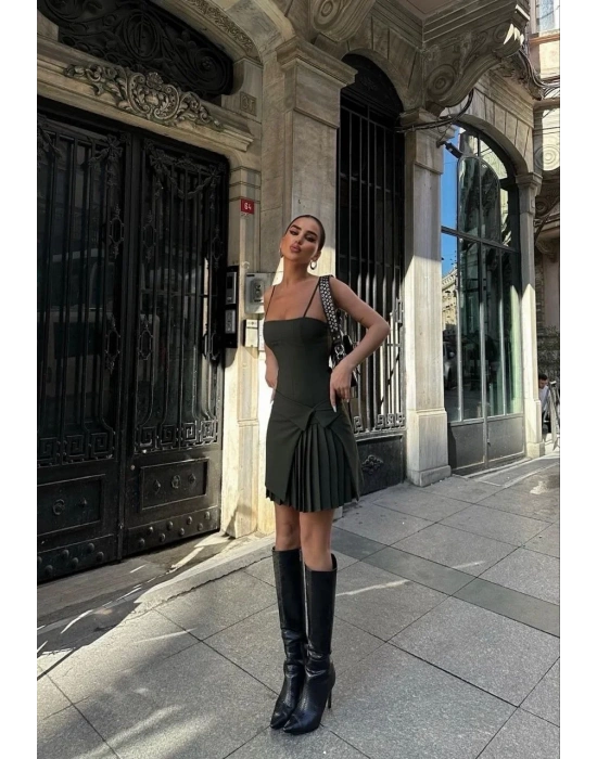 İki Parçalı Pileli Askılı Kadın Mini Elbise - Haki