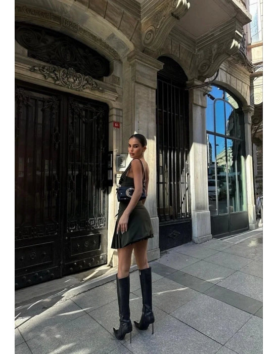 İki Parçalı Pileli Askılı Kadın Mini Elbise - Haki