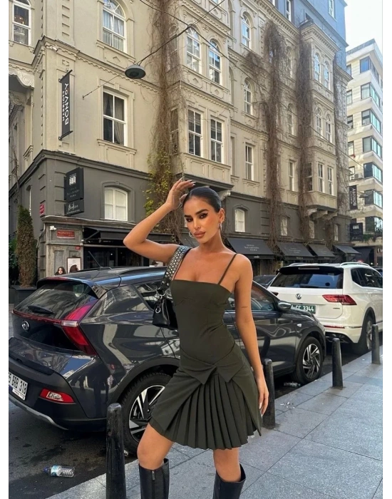 İki Parçalı Pileli Askılı Kadın Mini Elbise - Haki