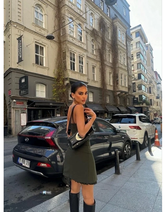 İki Parçalı Pileli Askılı Kadın Mini Elbise - Haki