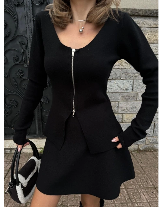 İkili Fermuarlı Hırkalı Etekli Takım - Siyah