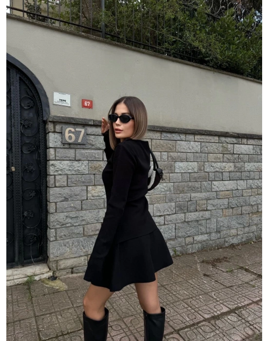 İkili Fermuarlı Hırkalı Etekli Takım - Siyah