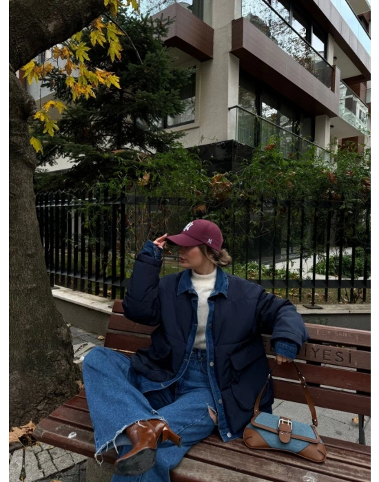 Jeans Detaylı Cıtcıtlı Ceket Mont - Lacivert