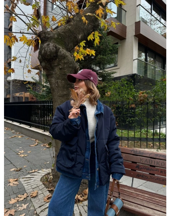 Jeans Detaylı Cıtcıtlı Ceket Mont - Lacivert