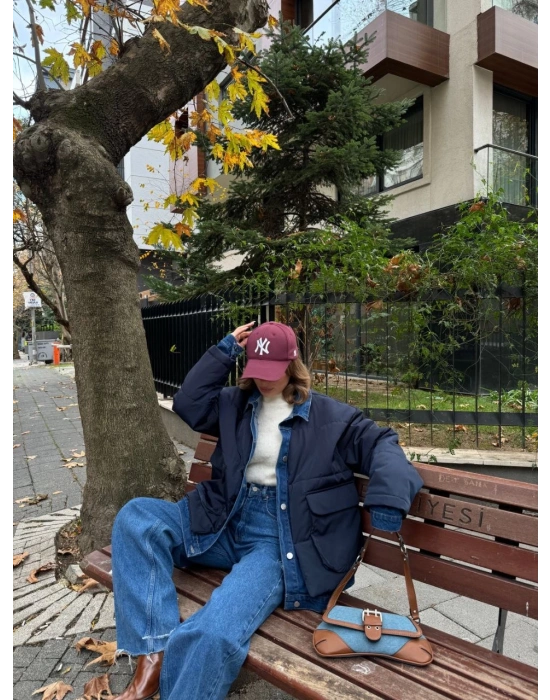 Jeans Detaylı Cıtcıtlı Ceket Mont - Lacivert