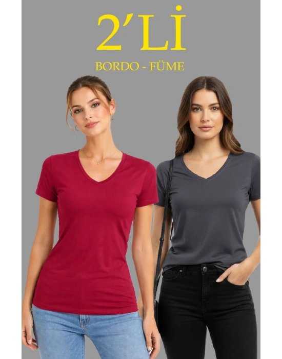 Kadın 2li V Yaka Tişört – Kısa Kollu Yazlık Slim Fit Body - Bordo & Füme